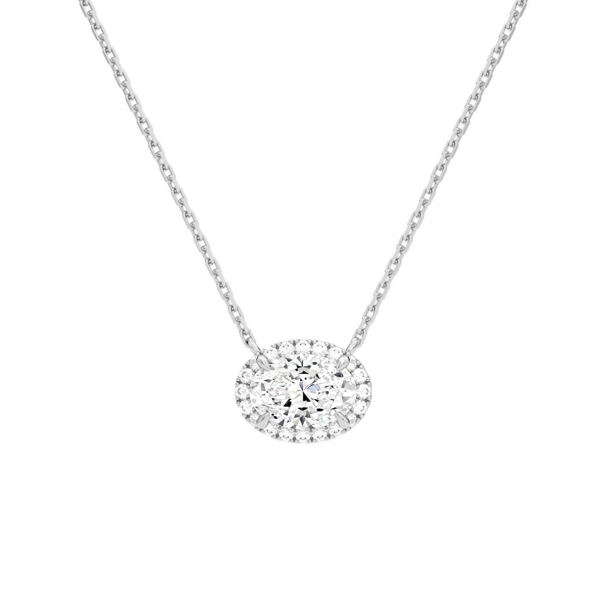 Jessa Oval Halo Lab-Grown Diamond Necklace in 18K White Gold, front view