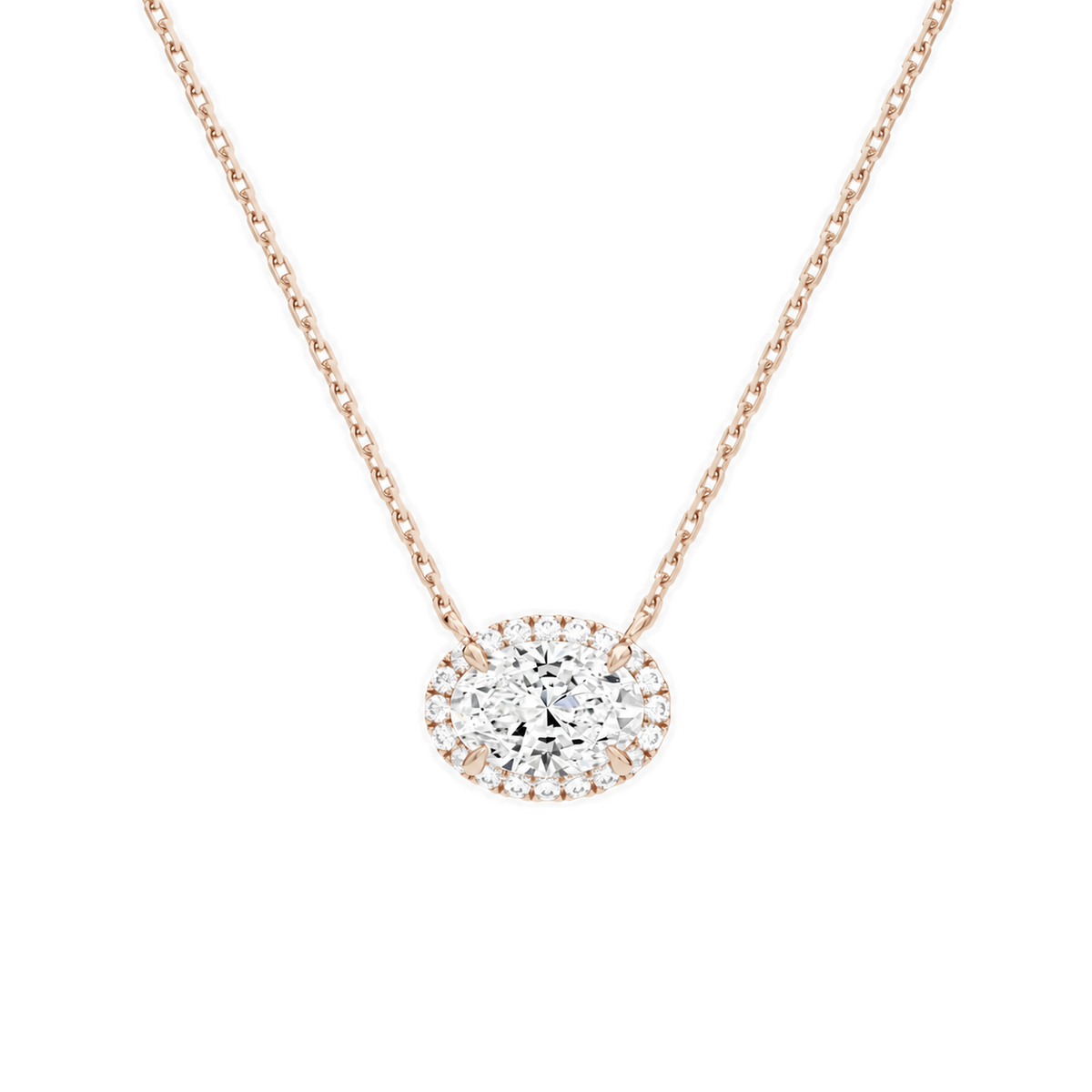 Jessa Oval Halo Lab-Grown Diamond Necklace in 14K Rose Gold, front view