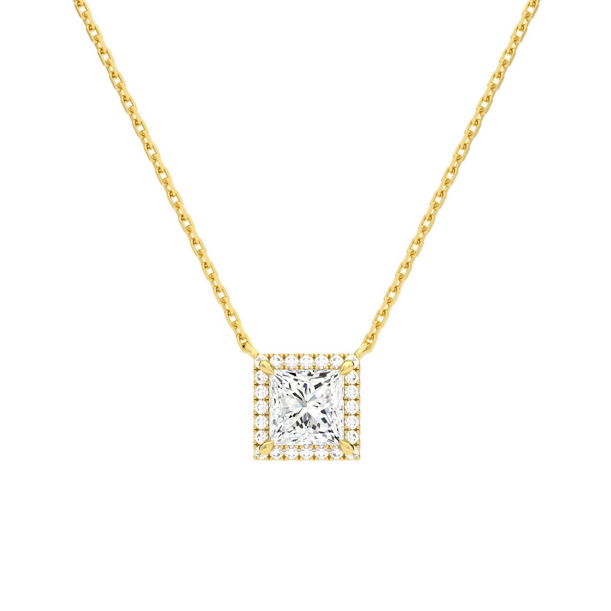 Jessa Princess Halo Lab-Grown Diamond Necklace in 14K Yellow Gold, front view