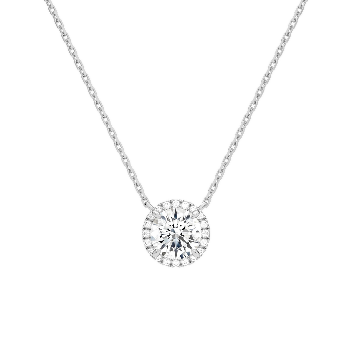 Jessa Round Halo Lab-Grown Diamond Necklace in 18K White Gold, front view