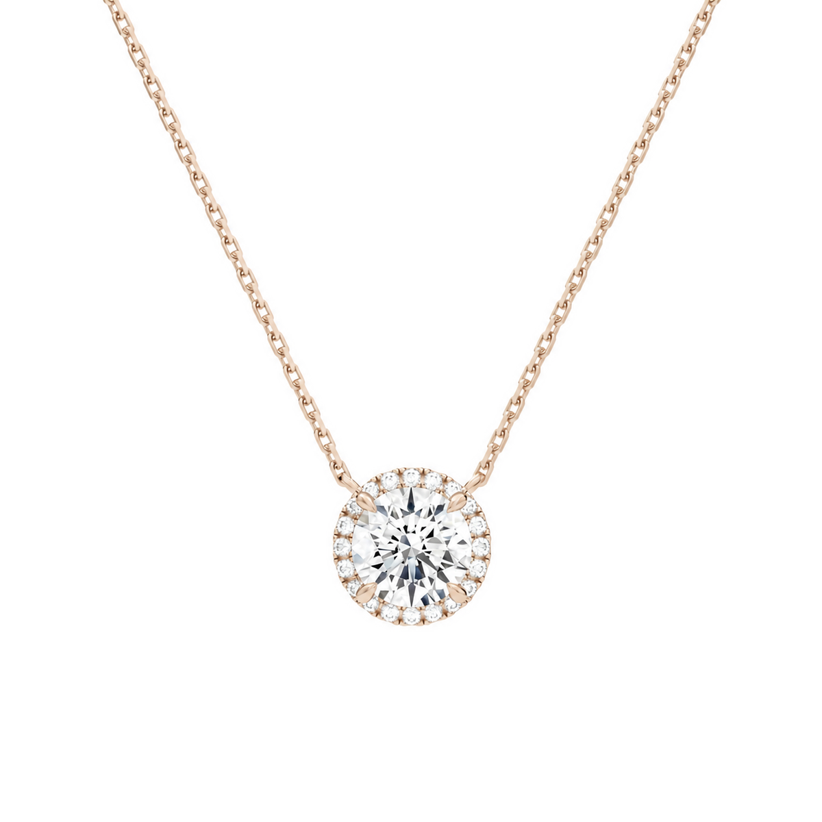 Jessa Round Halo Lab-Grown Diamond Necklace in 14K Rose Gold, front view