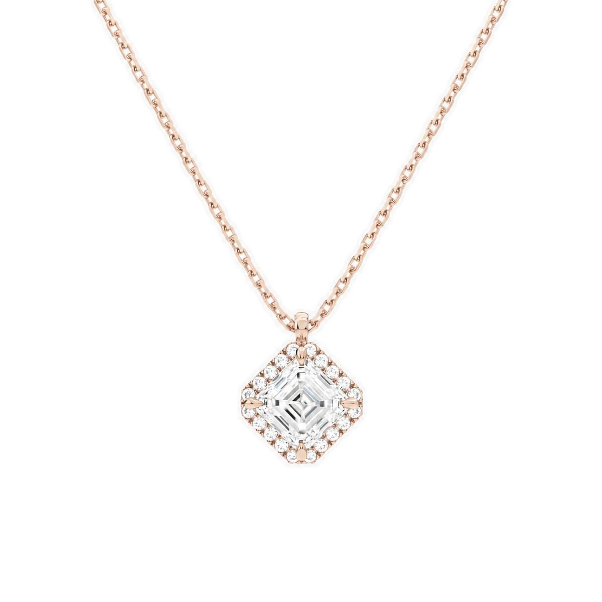 Malia Asscher Halo Lab-Grown Diamond Pendant Necklace in 14K Rose Gold, front view