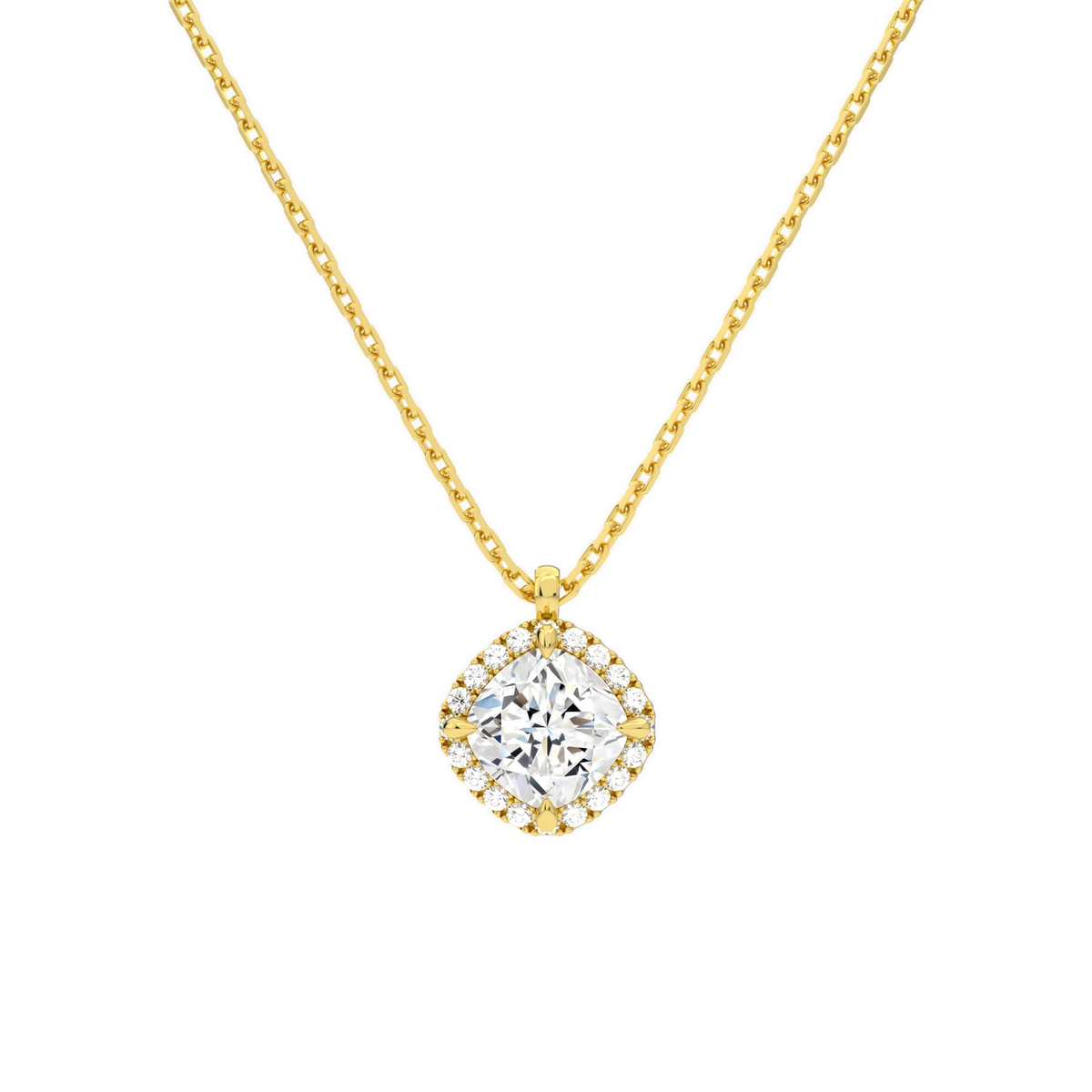 Malia Cushion Halo Lab-Grown Diamond Pendant Necklace in 18K Yellow Gold, front view