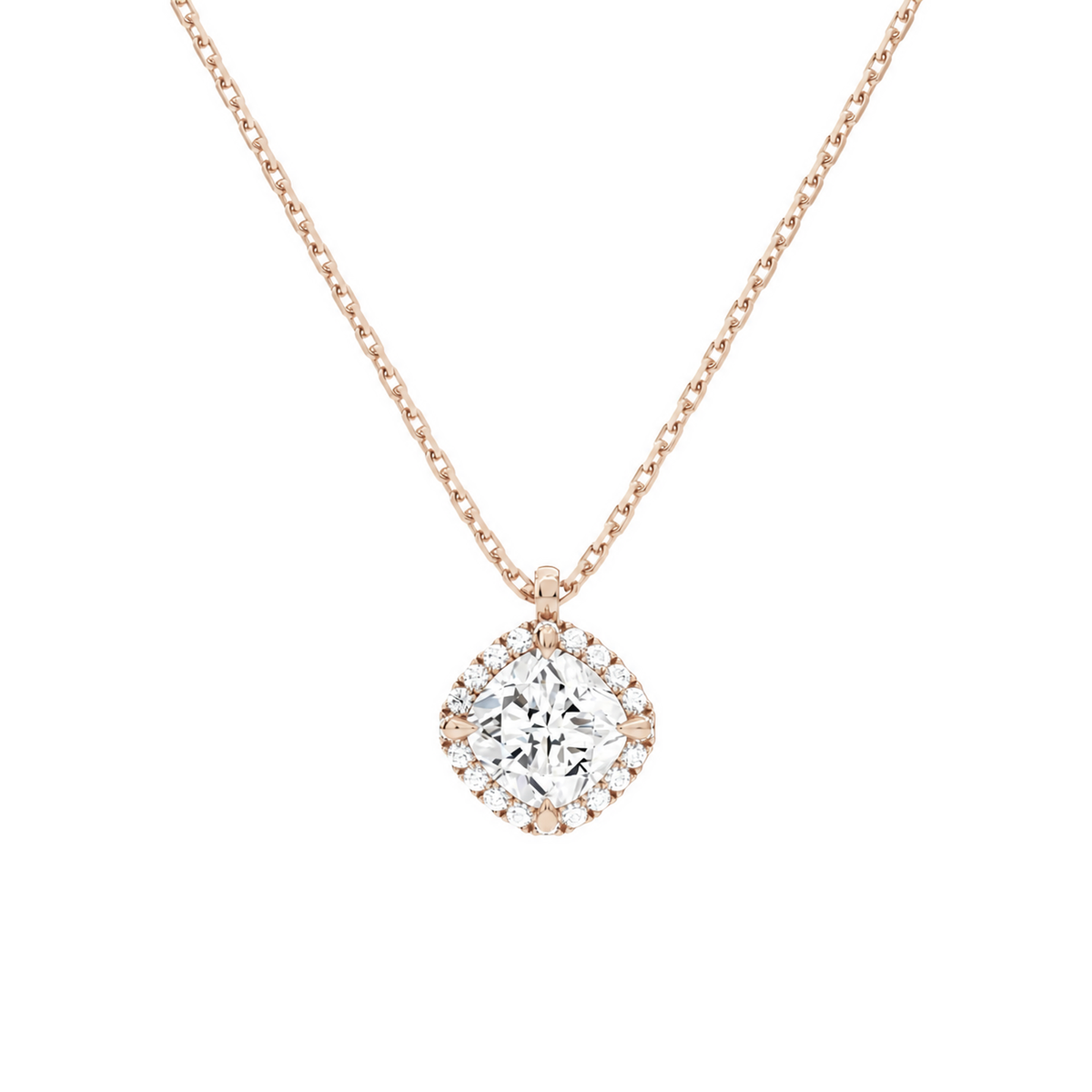 Malia Cushion Halo Lab-Grown Diamond Pendant Necklace in 14K Rose Gold, front view
