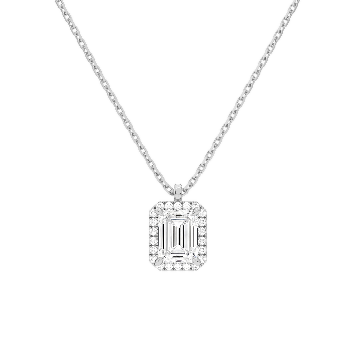 Malia Emerald Halo Lab-Grown Diamond Pendant Necklace in Platinum, front view