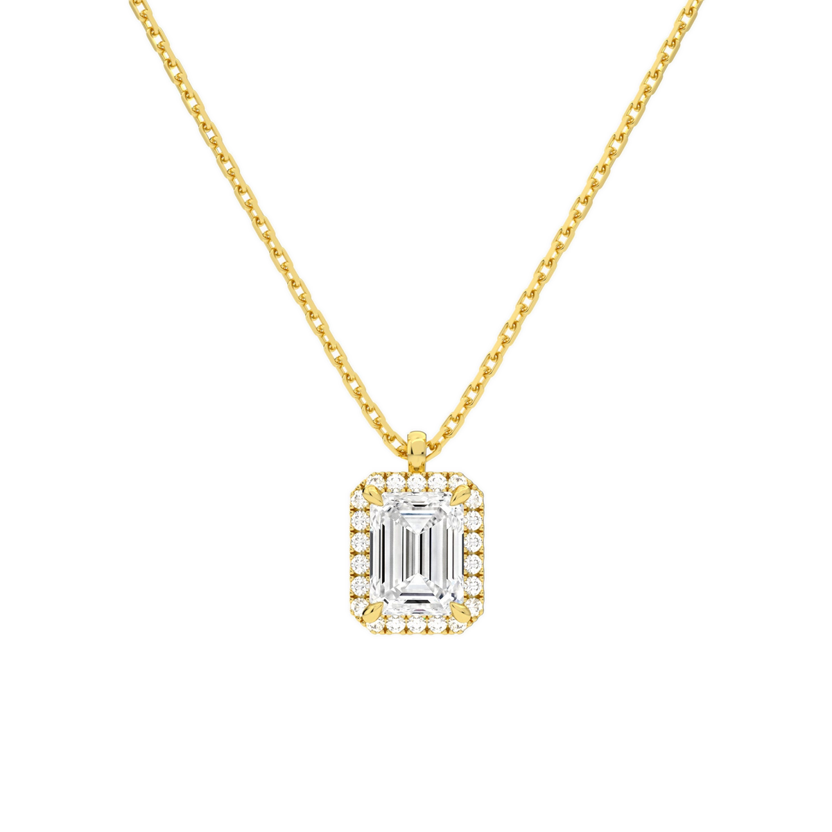 Malia Emerald Halo Lab-Grown Diamond Pendant Necklace in 18K Yellow Gold, front view