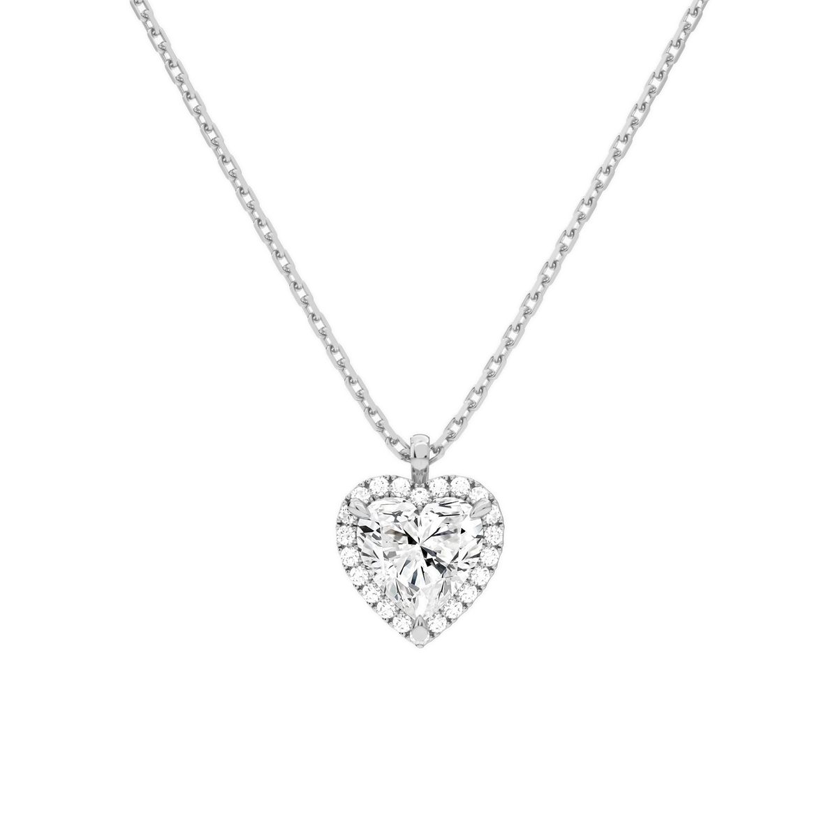 Malia Heart Halo Lab-Grown Diamond Pendant Necklace in 18K White Gold, front view