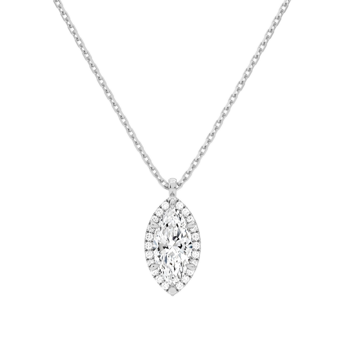Malia Marquise Halo Lab-Grown Diamond Pendant Necklace in 18K White Gold, front view