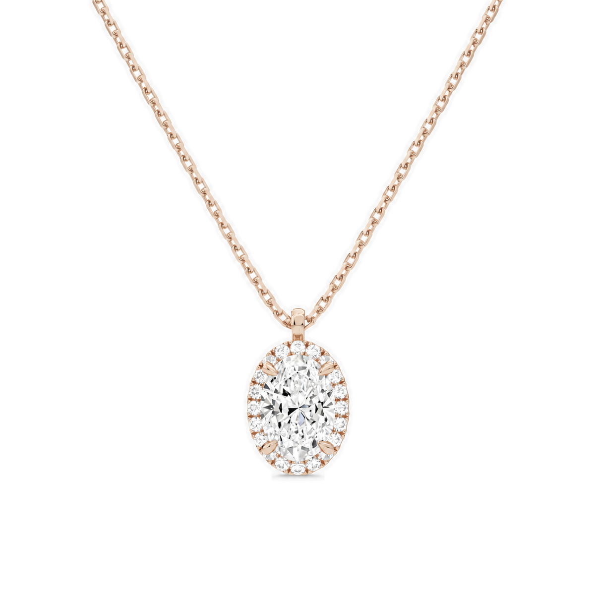 Malia Oval Halo Lab-Grown Diamond Pendant Necklace in 14K Rose Gold, front view