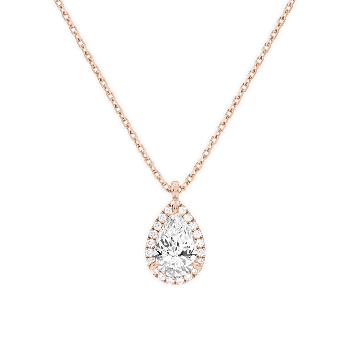 Malia Pear Halo Lab-Grown Diamond Pendant Necklace in 14K Rose Gold, front view