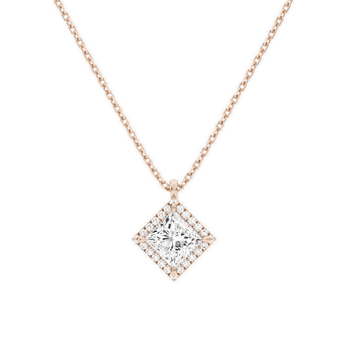 Malia Princess Halo Lab-Grown Diamond Pendant Necklace in 14K Rose Gold, front view