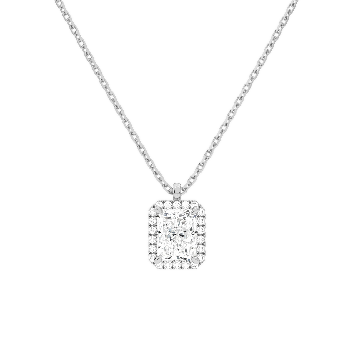 Malia Radiant Halo Lab-Grown Diamond Pendant Necklace in Platinum, front view