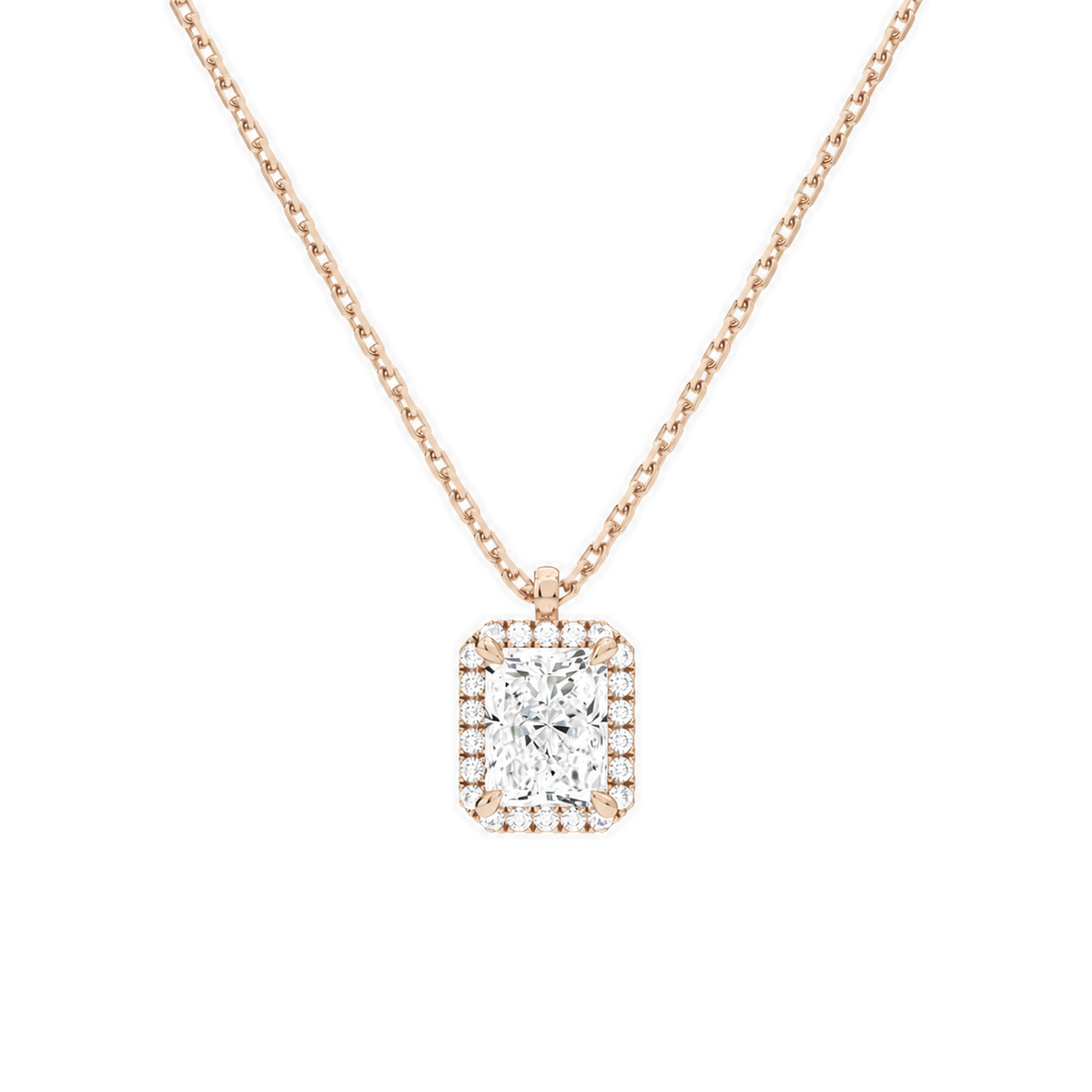 Malia Radiant Halo Lab-Grown Diamond Pendant Necklace in 14K Rose Gold, front view