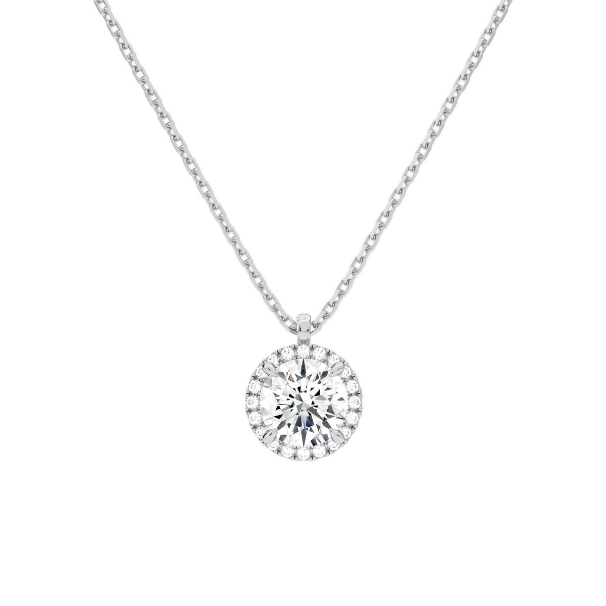 Malia Round Halo Lab-Grown Diamond Pendant Necklace in 14K White Gold, front view