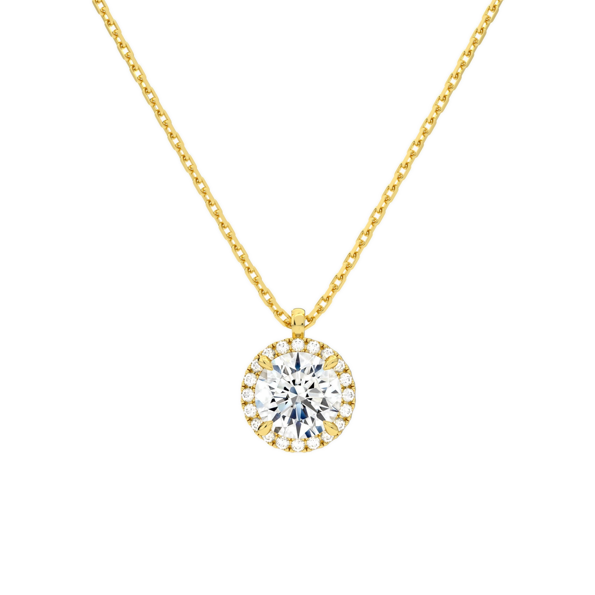 Malia Round Halo Lab-Grown Diamond Pendant Necklace in 14K Yellow Gold, front view