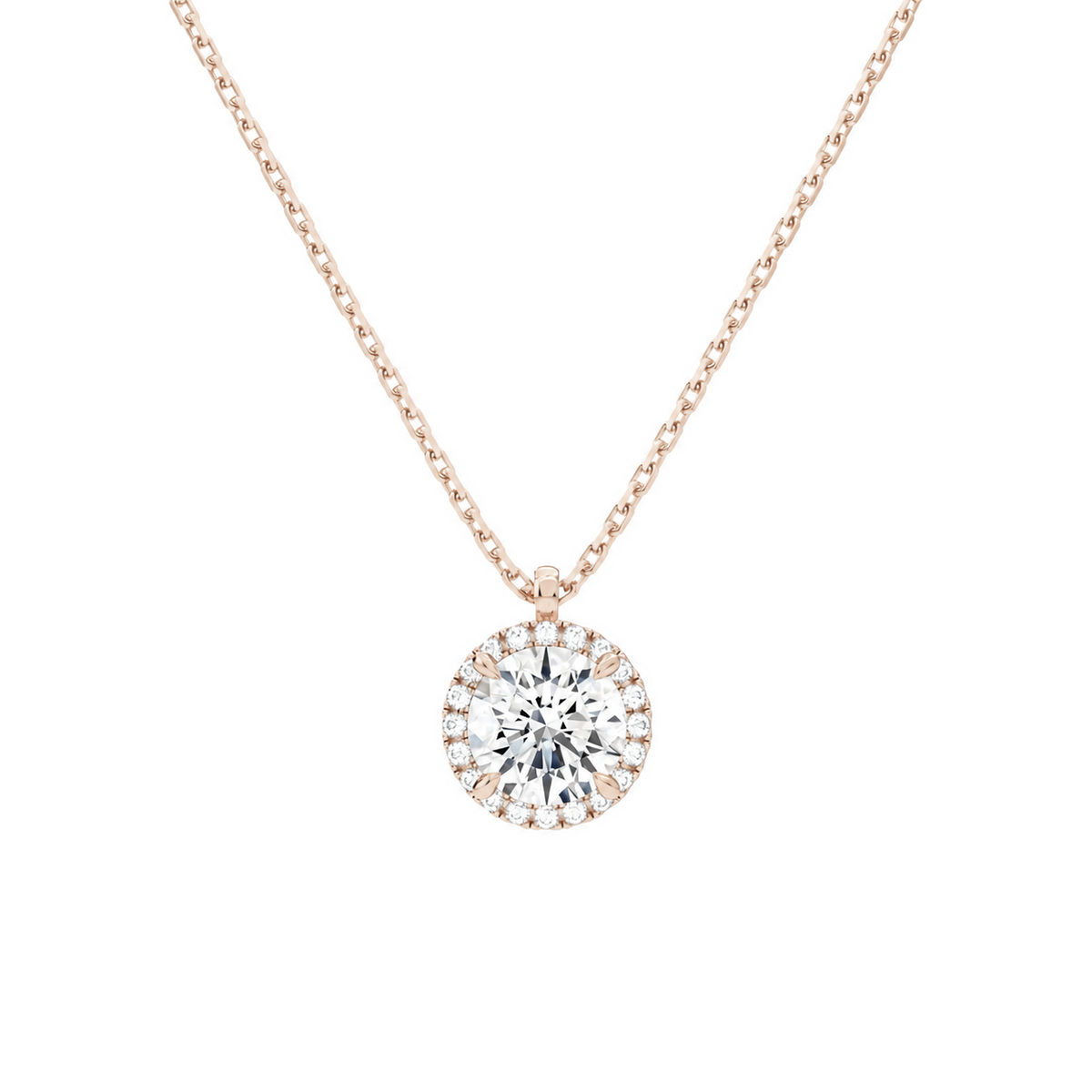 Malia Round Halo Lab-Grown Diamond Pendant Necklace in 14K Rose Gold, front view