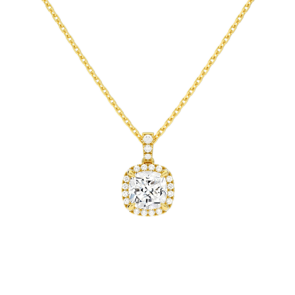 Leona Cushion Halo Accented Bail Lab-Grown Diamond Pendant Necklace in 18K Yellow Gold, front view