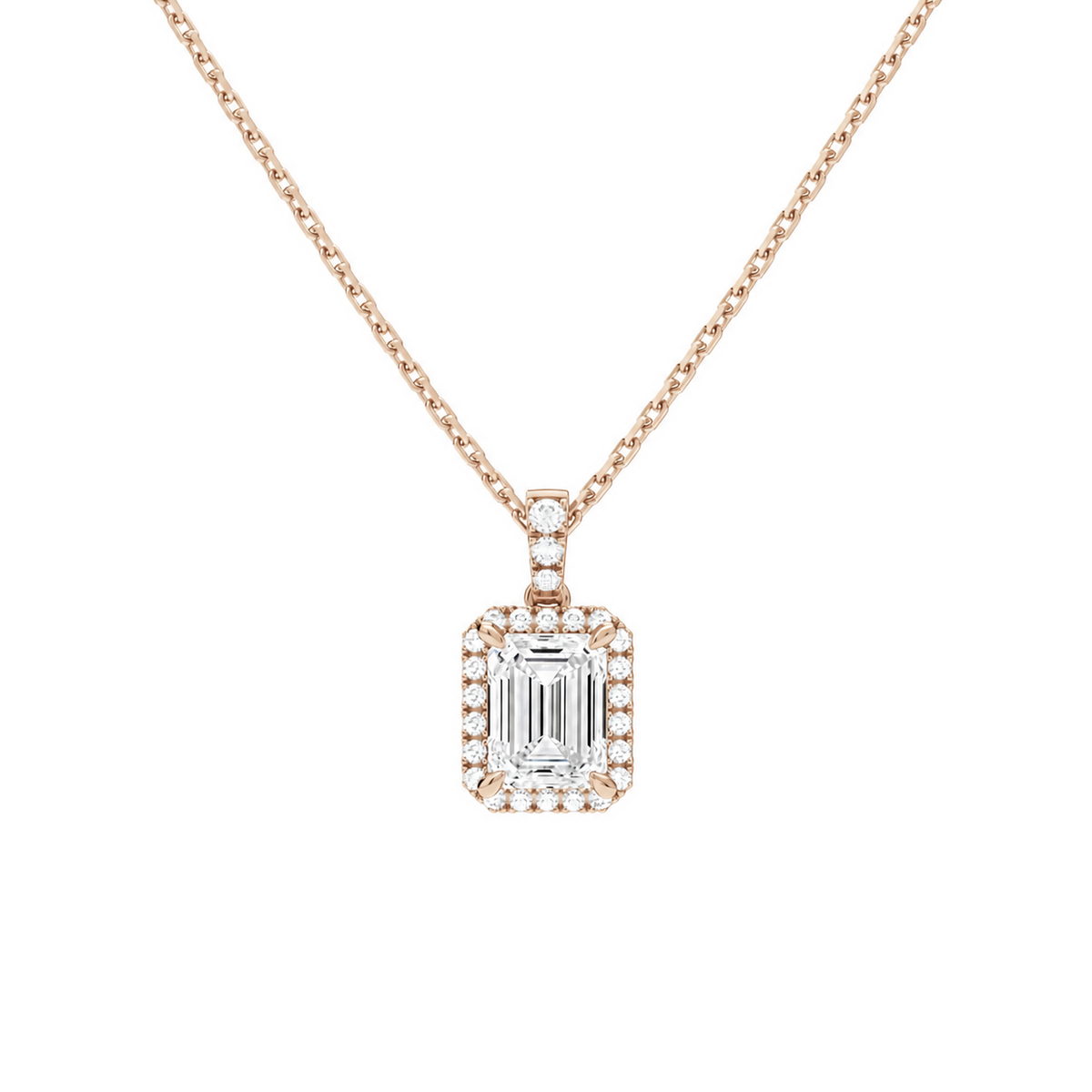 Leona Emerald Halo Accented Bail Lab-Grown Diamond Pendant Necklace in 14K Rose Gold, front view