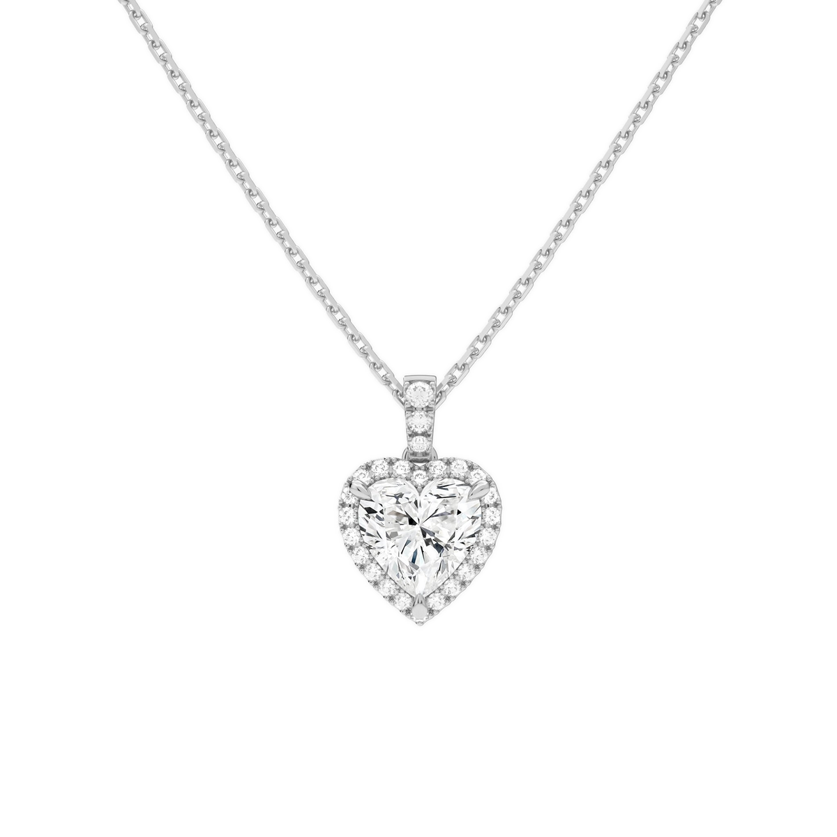 Leona Heart Halo Accented Bail Lab-Grown Diamond Pendant Necklace in 18K White Gold, front view