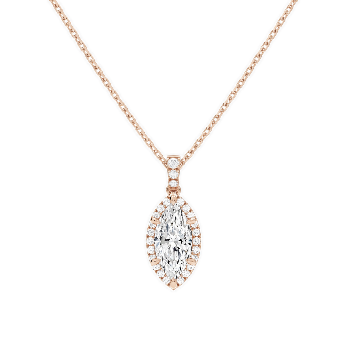 Leona Marquise Halo Accented Bail Lab-Grown Diamond Pendant Necklace in 14K Rose Gold, front view