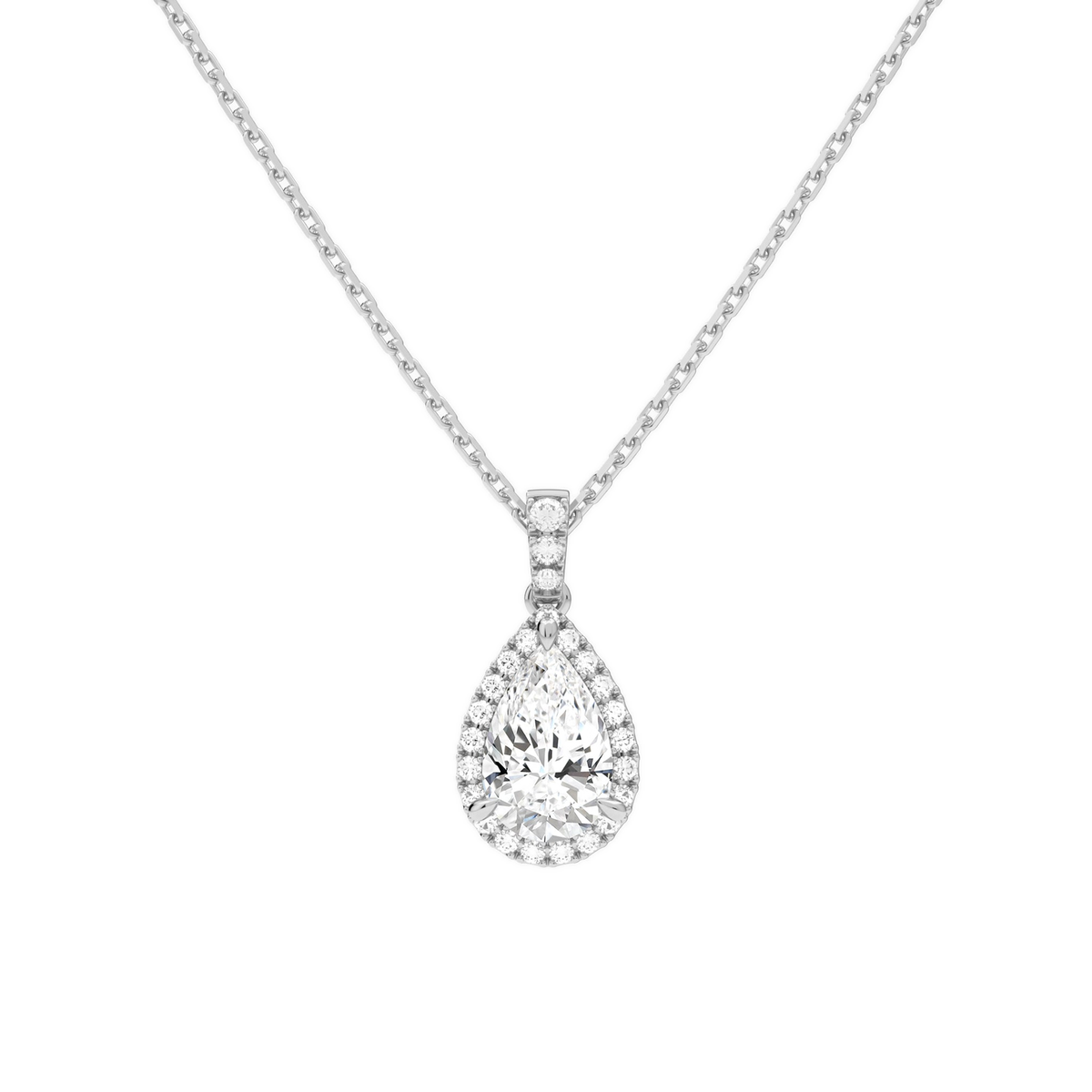 Leona Pear Halo Accented Bail Lab-Grown Diamond Pendant Necklace in 18K White Gold, front view