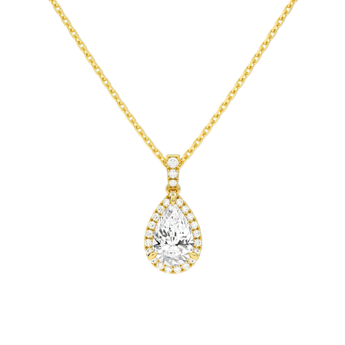 Leona Pear Halo Accented Bail Lab-Grown Diamond Pendant Necklace in 18K Yellow Gold, front view