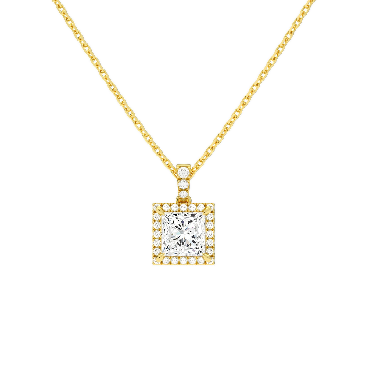 Leona Princess Halo Accented Bail Lab-Grown Diamond Pendant Necklace in 14K Yellow Gold, front view
