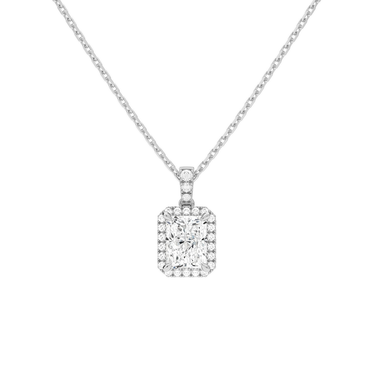 Leona Radiant Halo Accented Bail Lab-Grown Diamond Pendant Necklace in 18K White Gold, front view