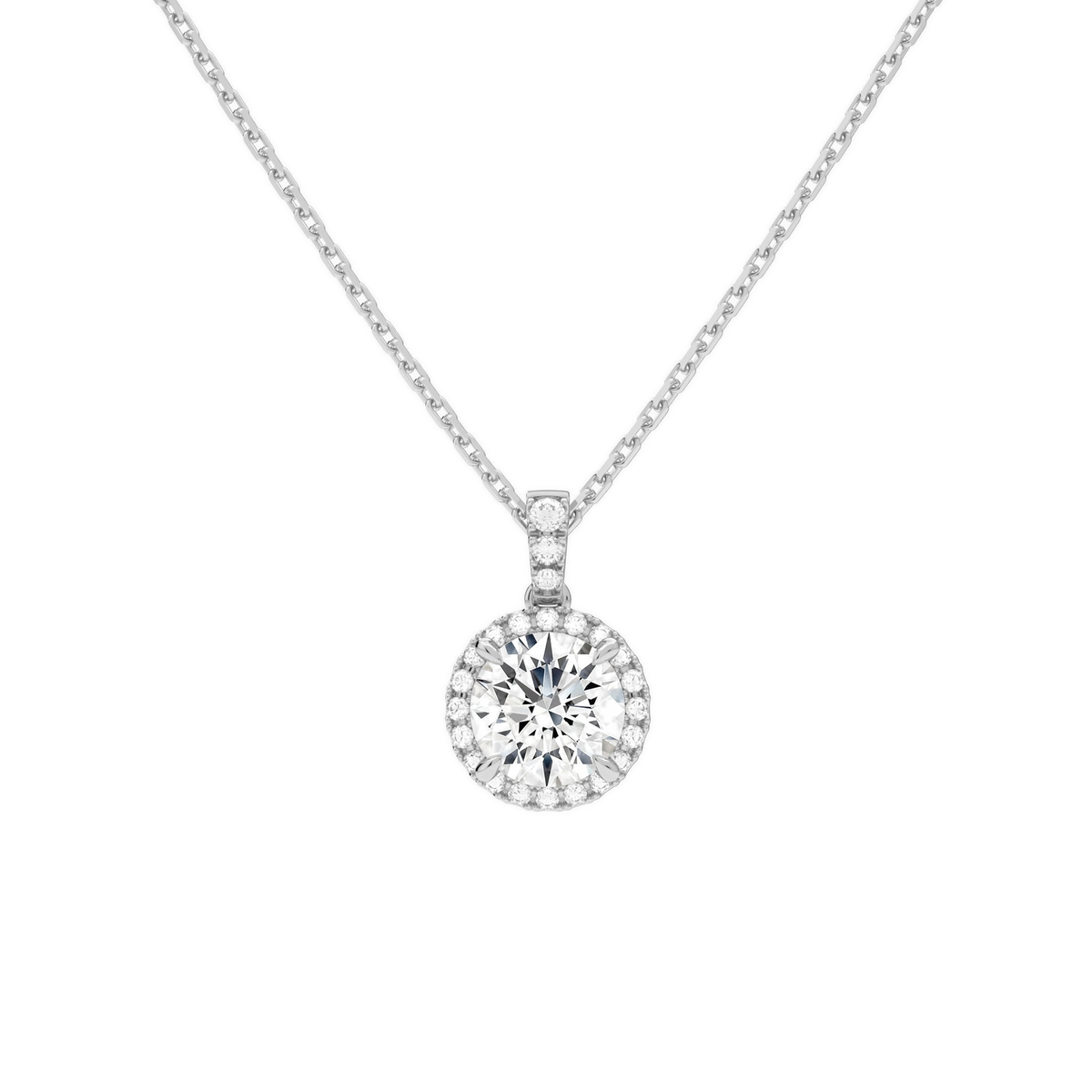 Leona Round Halo Accented Bail Lab-Grown Diamond Pendant Necklace in 18K White Gold, front view