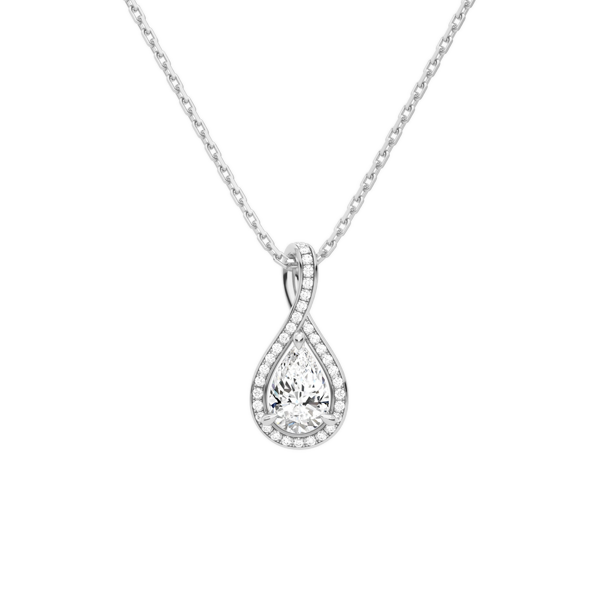Lucina Pear Halo Pave Twist Lab-Grown Diamond Pendant Necklace in 18K White Gold, front view