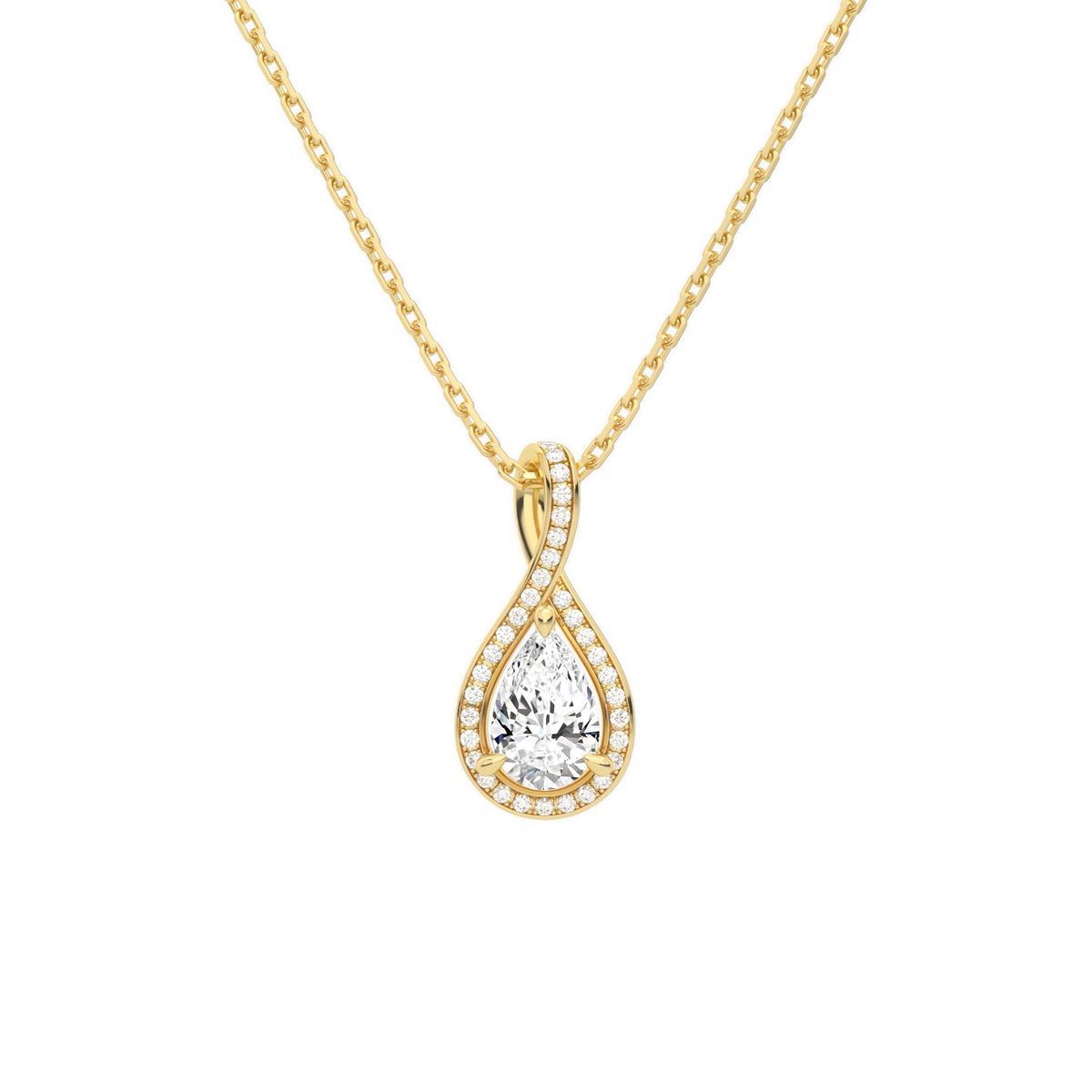 Lucina Pear Halo Pave Twist Lab-Grown Diamond Pendant Necklace in 14K Yellow Gold, front view