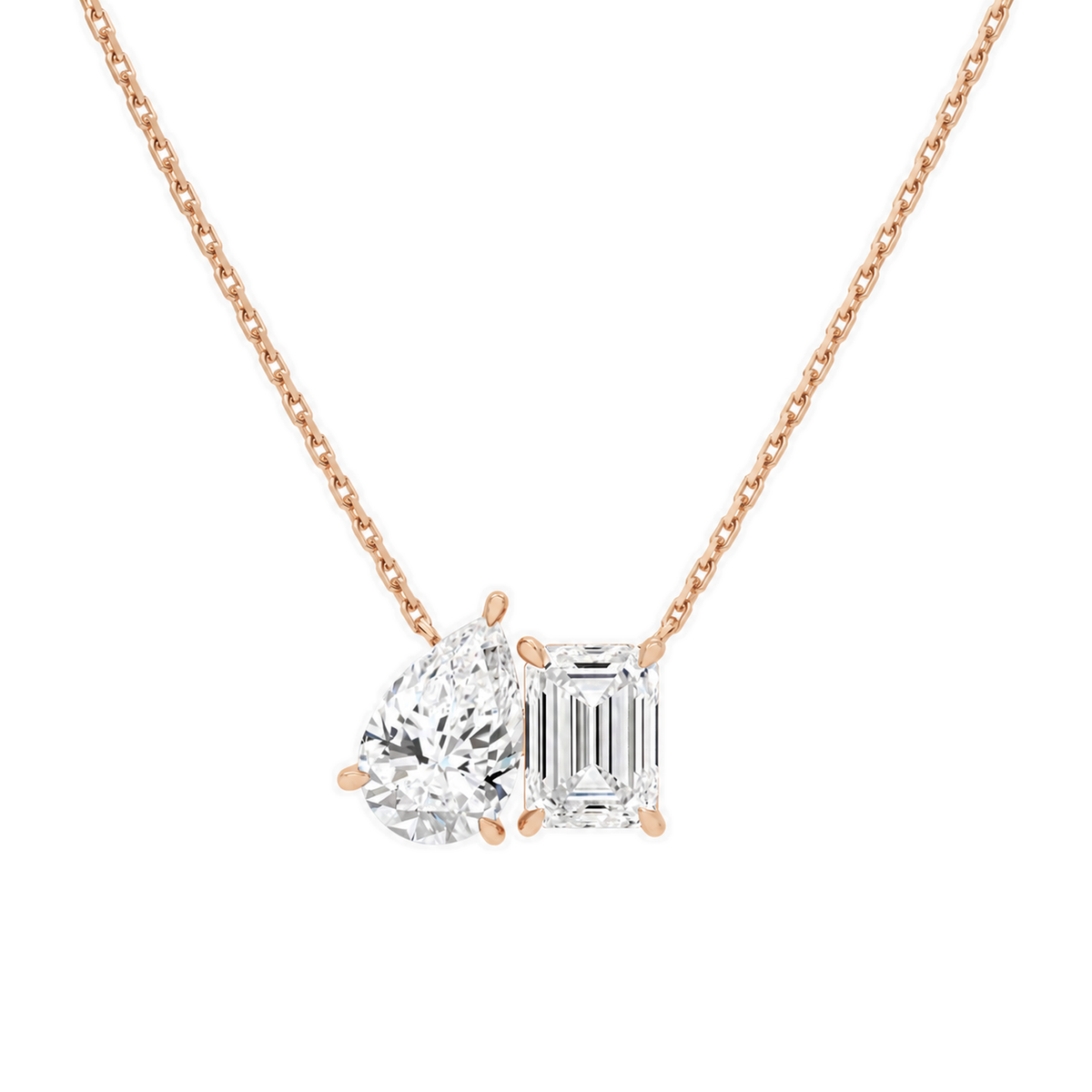 Aviana Pear & Emerald Toi Et Moi Lab-Grown Diamond Necklace in 14K Rose Gold, front view