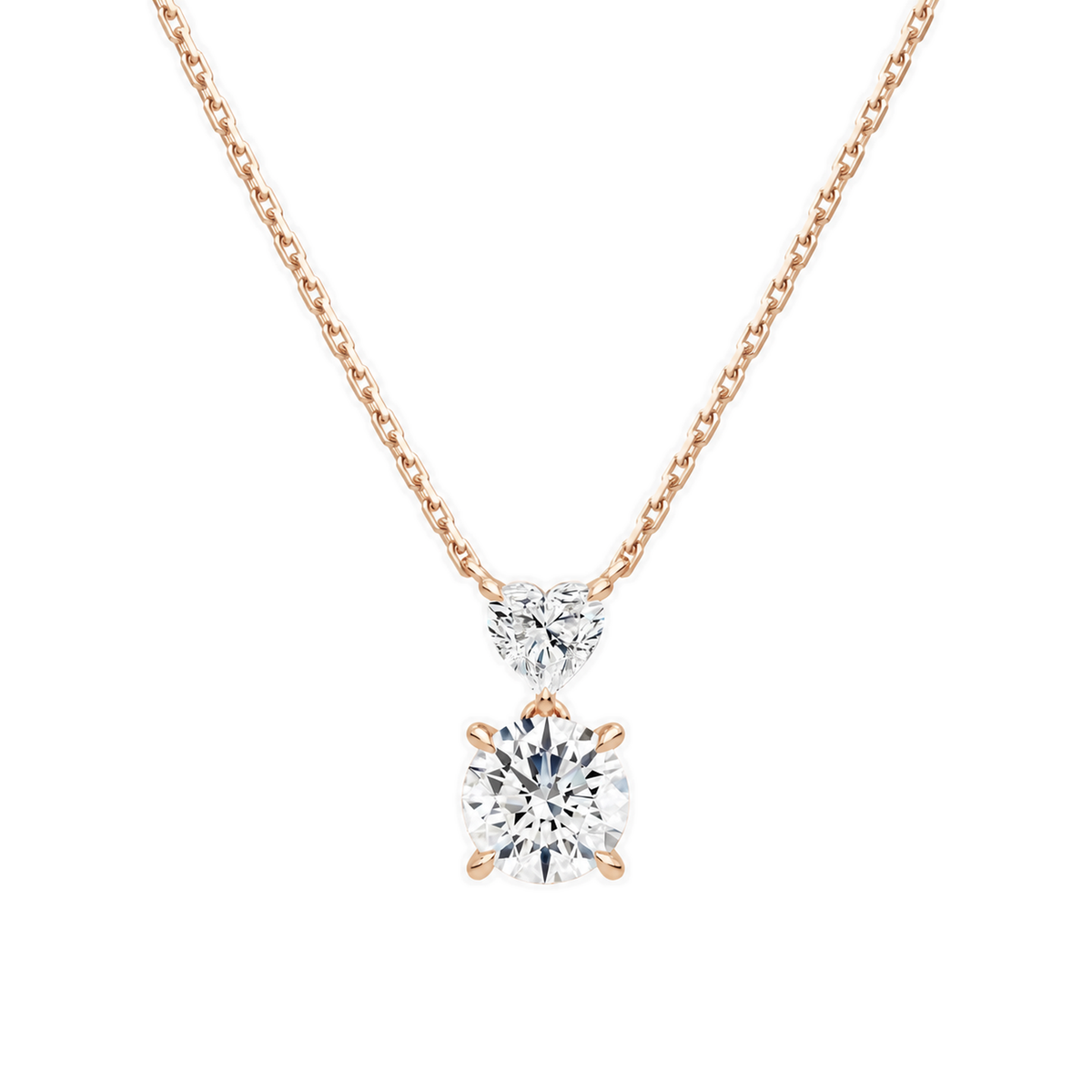 Valora Heart & Round Duo Drop Lab-Grown Diamond Necklace in 14K Rose Gold, front view