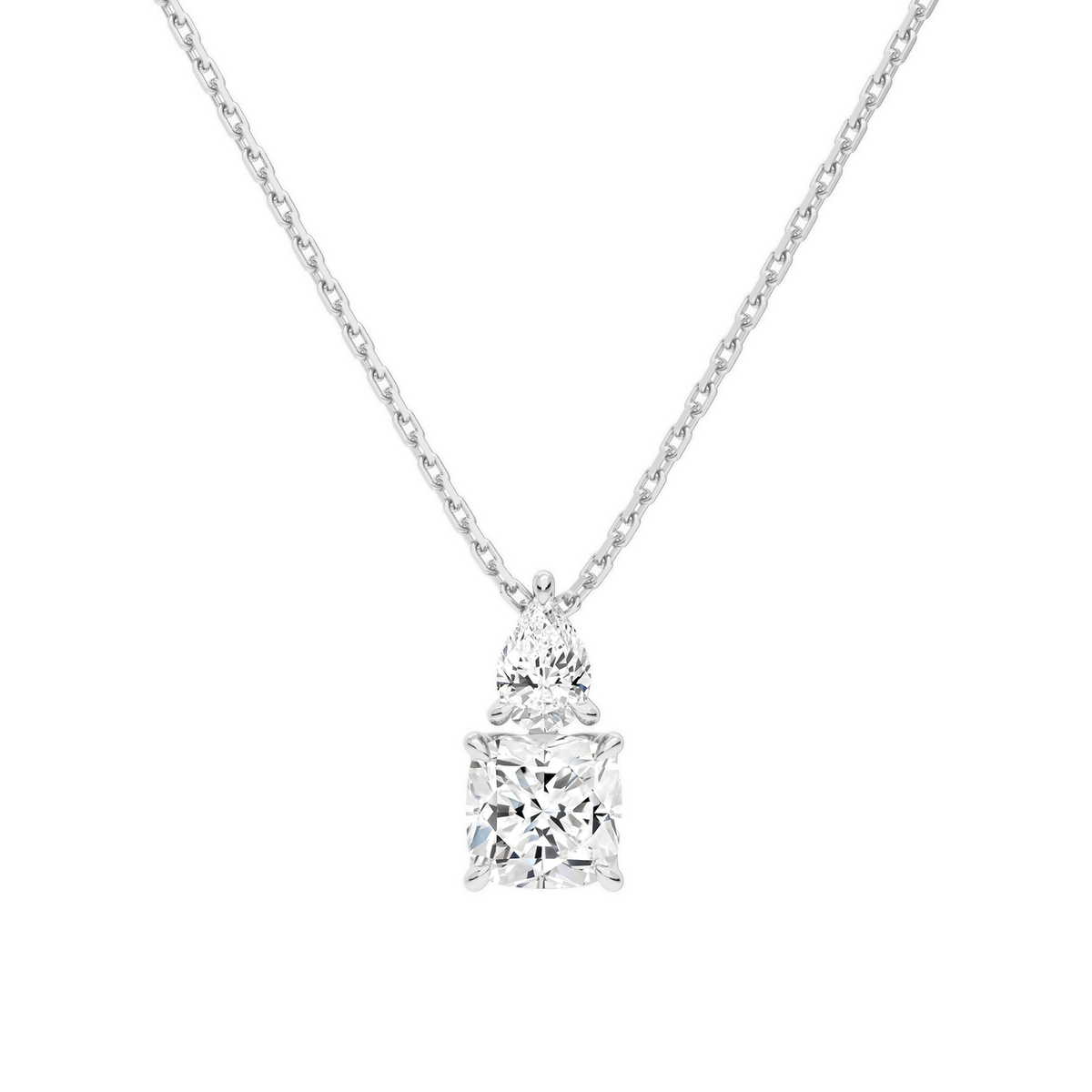 Valora Cushion & Pear Duo Drop Lab-Grown Diamond Necklace in 14K White Gold, front view