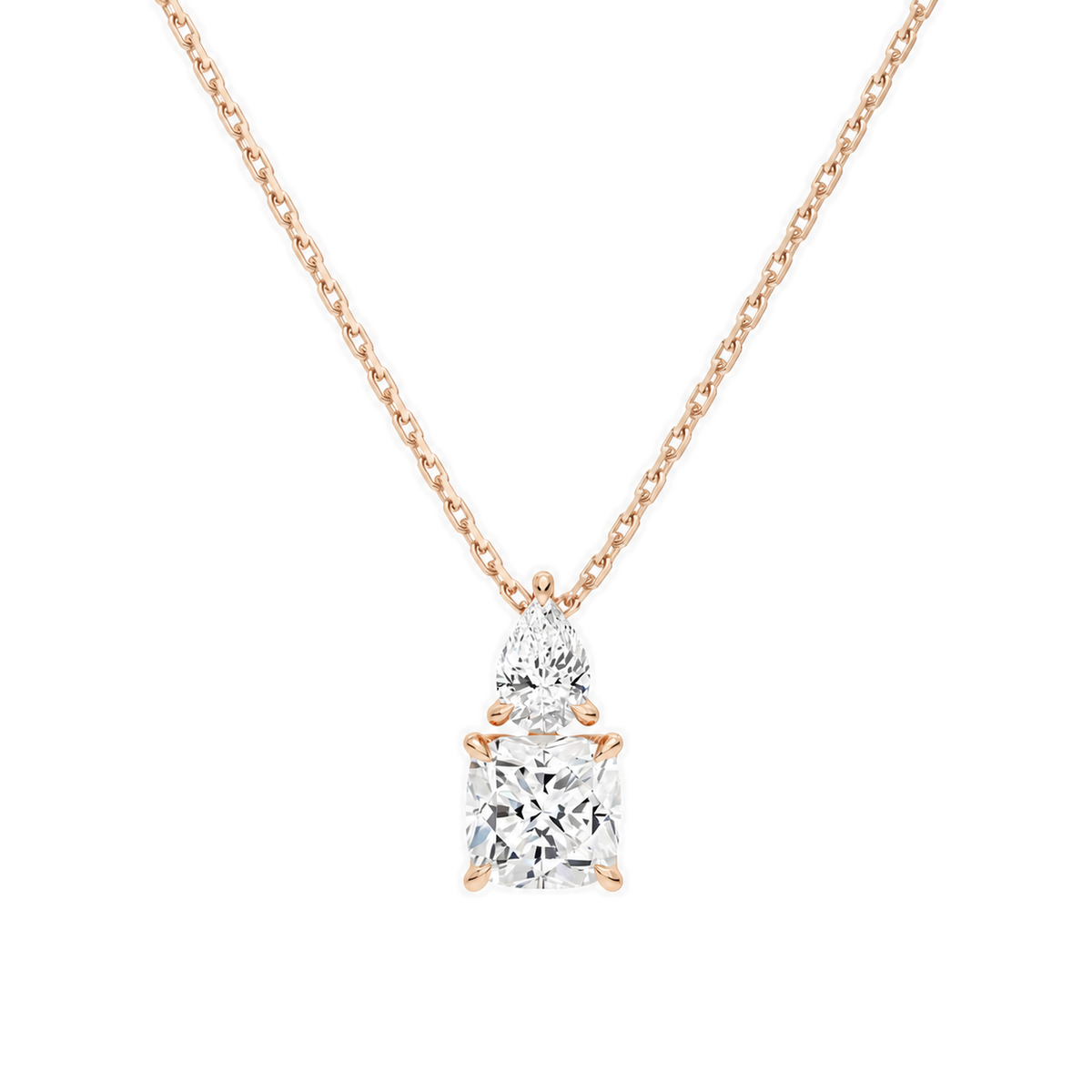 Valora Cushion & Pear Duo Drop Lab-Grown Diamond Necklace in 14K Rose Gold, front view