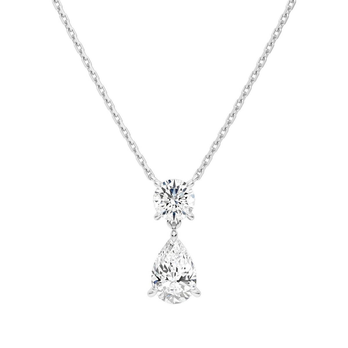 Valora Pear & Round Duo Drop Lab-Grown Diamond Necklace in 18K White Gold, front view