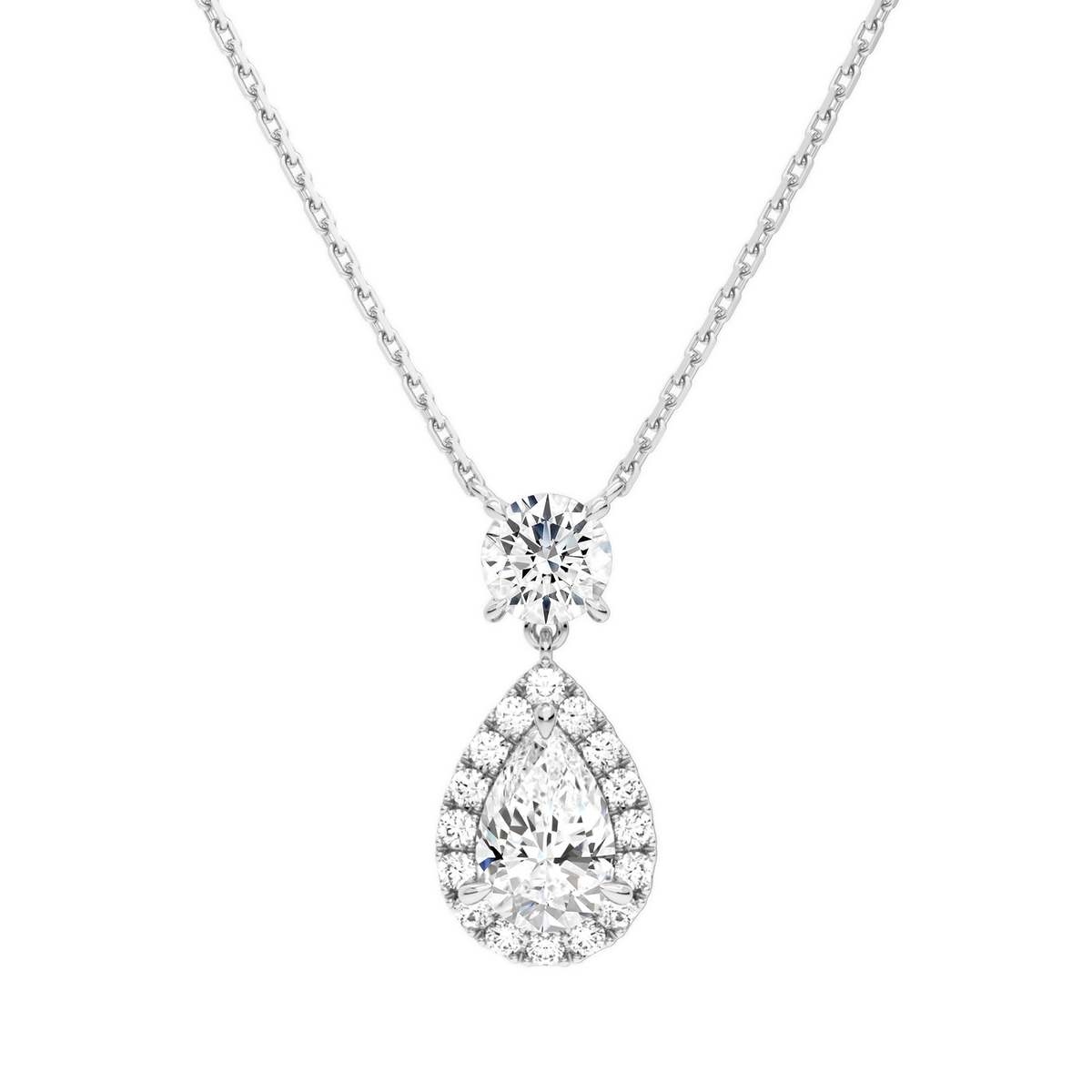 Soraya Halo Duo Drop Lab-Grown Diamond Necklace in 14K White Gold, front view