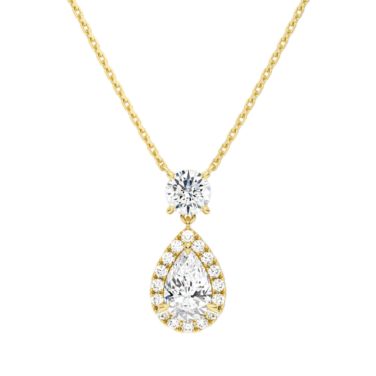 Soraya Halo Duo Drop Lab-Grown Diamond Necklace in 14K Yellow Gold, front view