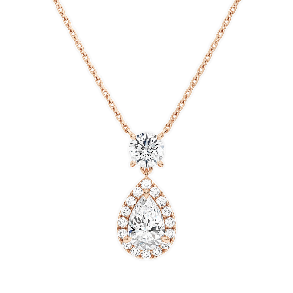 Soraya Halo Duo Drop Lab-Grown Diamond Necklace in 14K Rose Gold, front view
