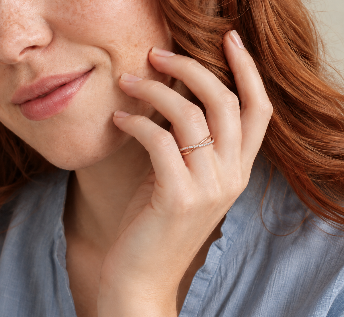 Aline Accented Cross Lab-Grown Diamond Ring in 14K Rose Gold, worn on hand