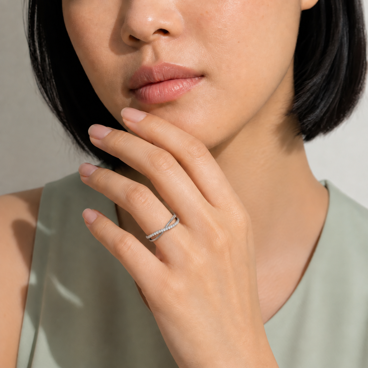 Aline Accented Cross Lab-Grown Diamond Ring in 18K White Gold, worn on hand