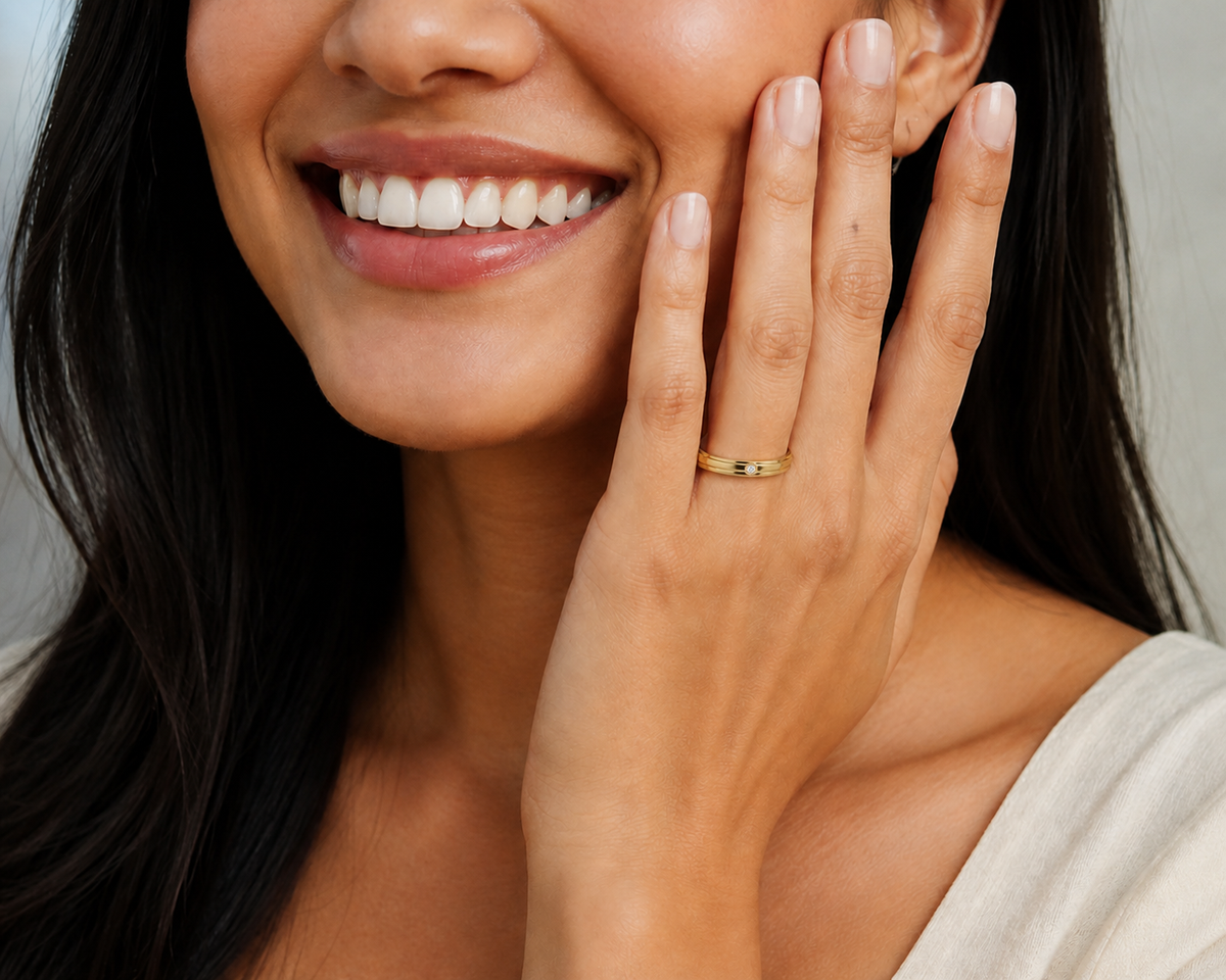 Adeline Beveled Accented Lab-Grown Diamond Wedding Band in 14K Yellow Gold, worn on hand