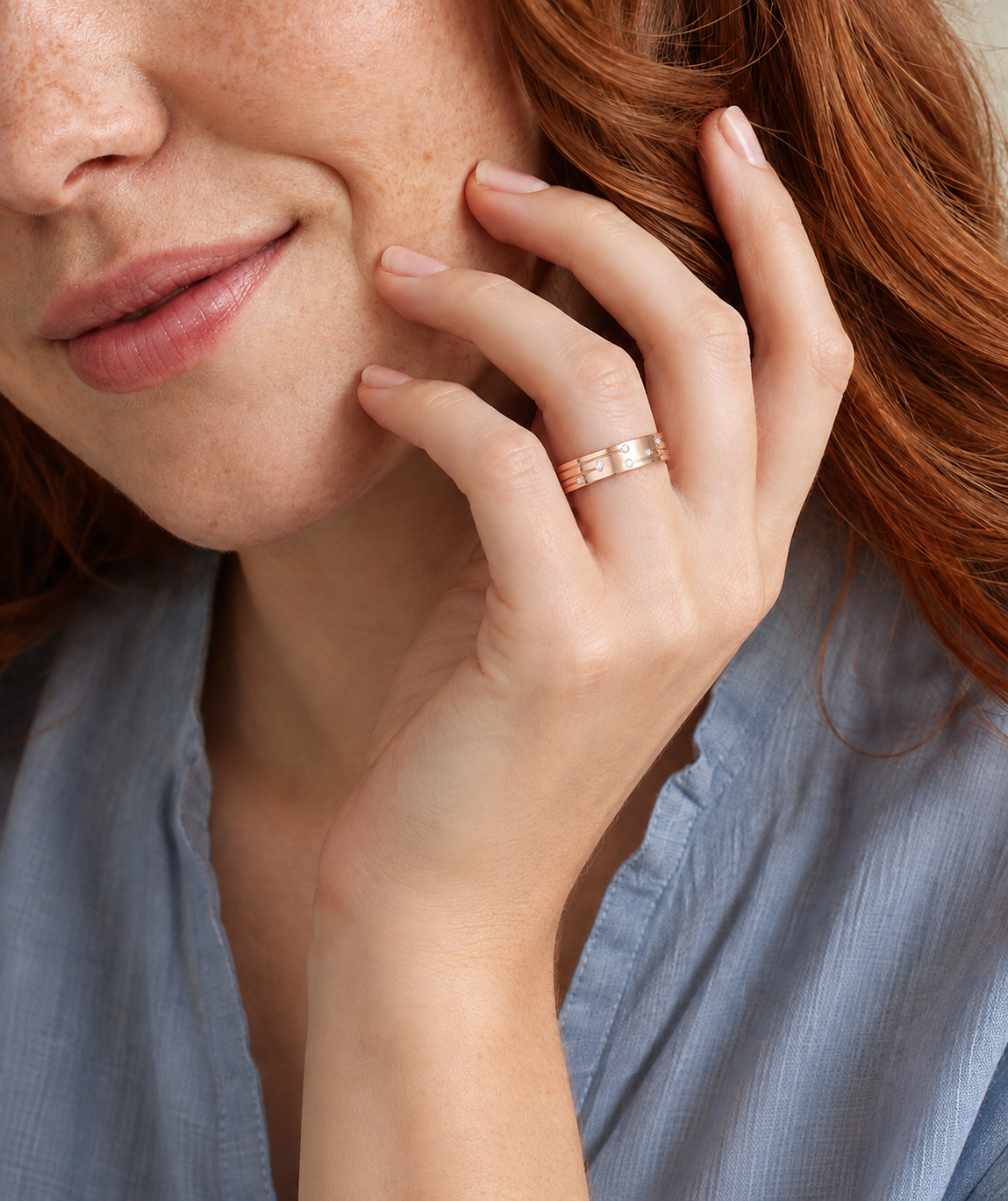 Clara Three Row Accent Lab-Grown Diamond Wedding Band in 14K Rose Gold, worn on hand