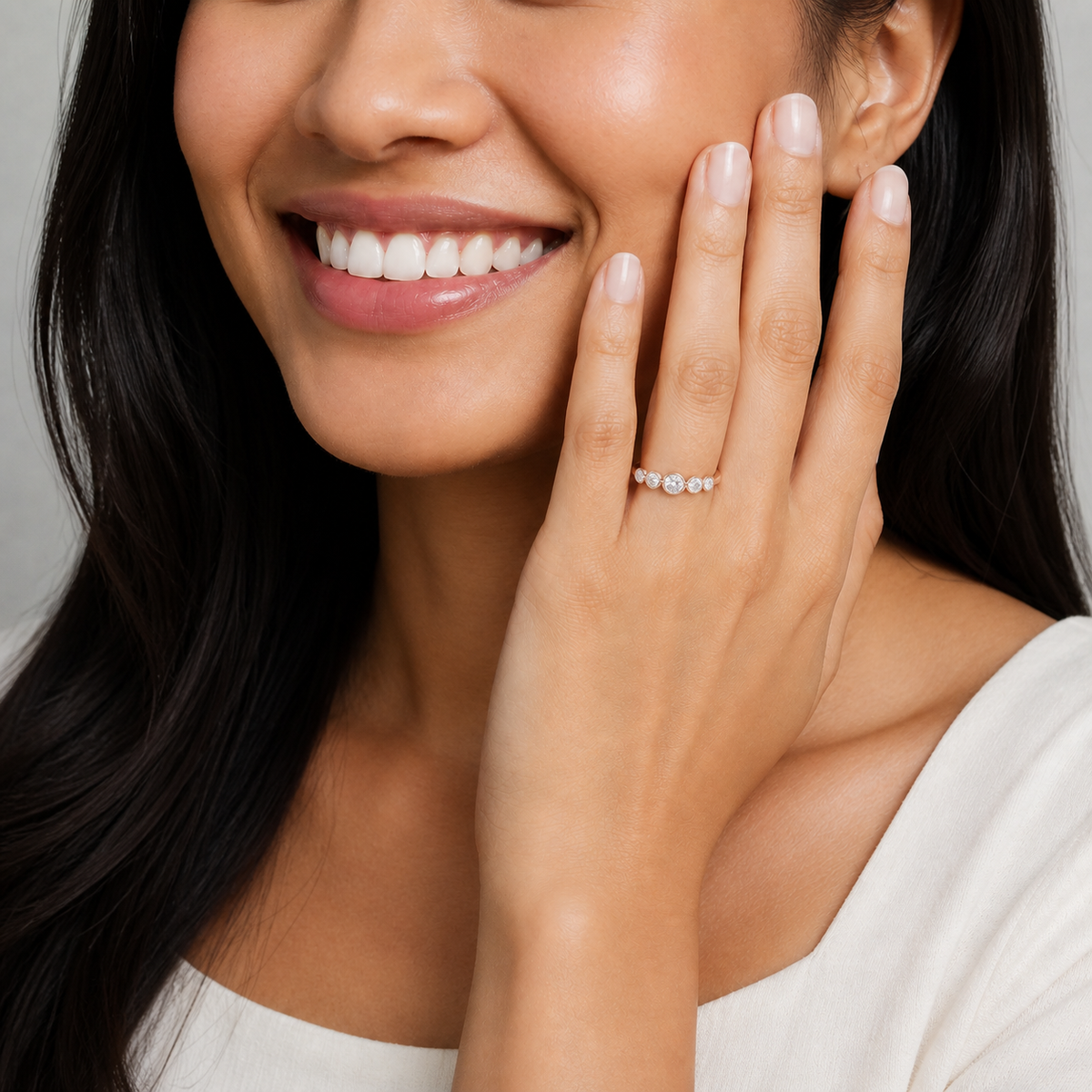 Juliette Bezel Prong Half Eternity Lab-Grown Diamond Band in 14K Rose Gold, worn on hand