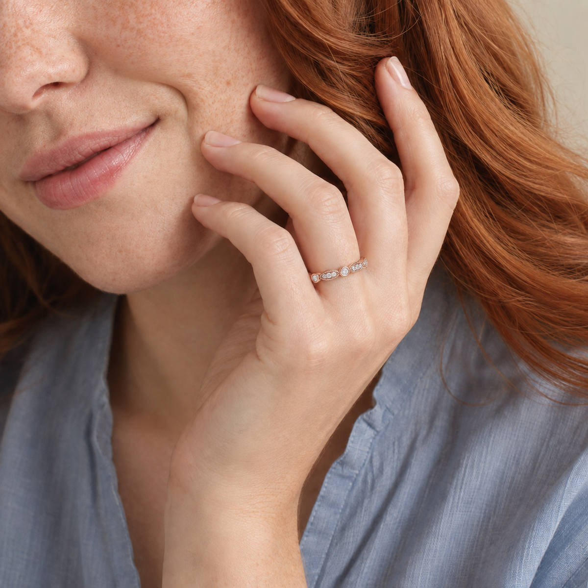Lena Art Deco Milgrain Bezel Lab-Grown Diamond Ring in 14K Rose Gold, worn on hand
