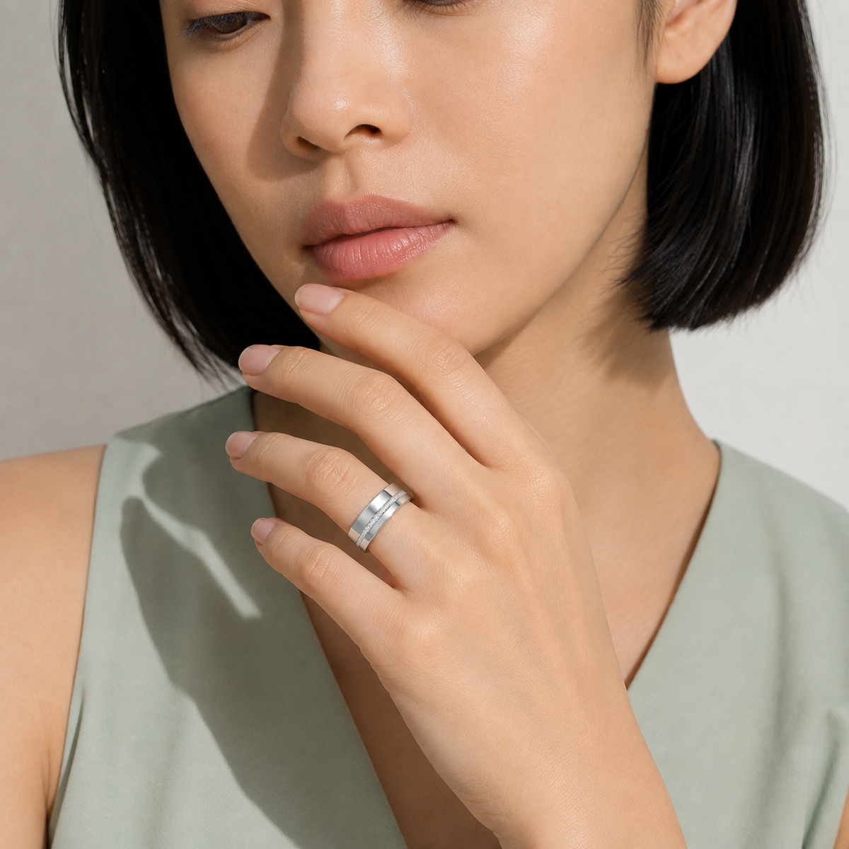 Della Half Channel Flat Edge Lab-Grown Diamond Wedding Band in 18K White Gold, worn on hand