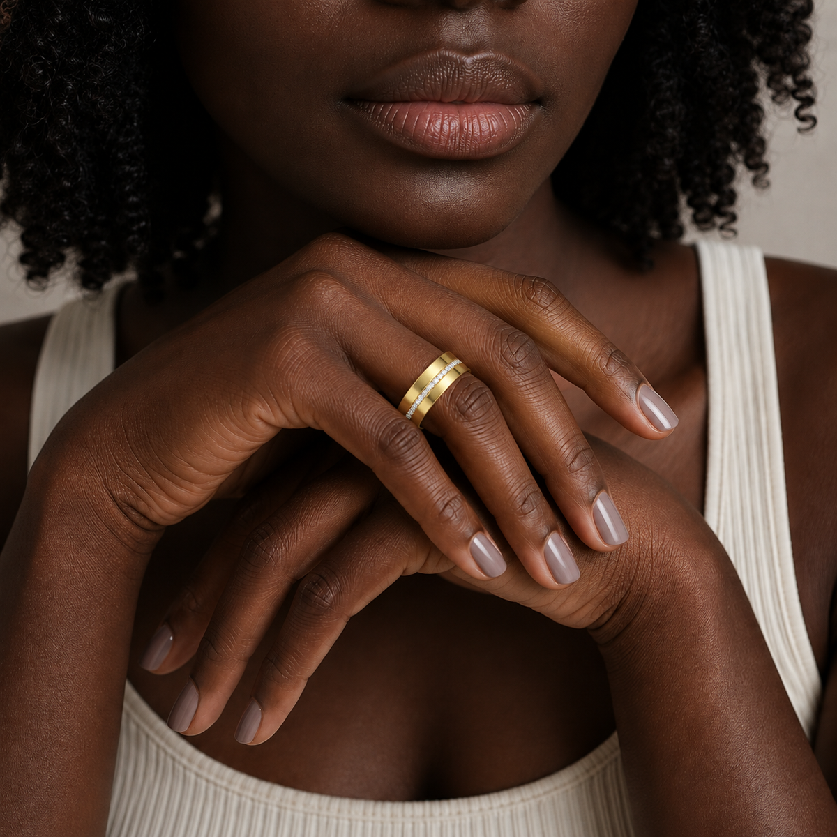 Della Half Channel Flat Edge Lab-Grown Diamond Wedding Band in 14K Yellow Gold, worn on hand