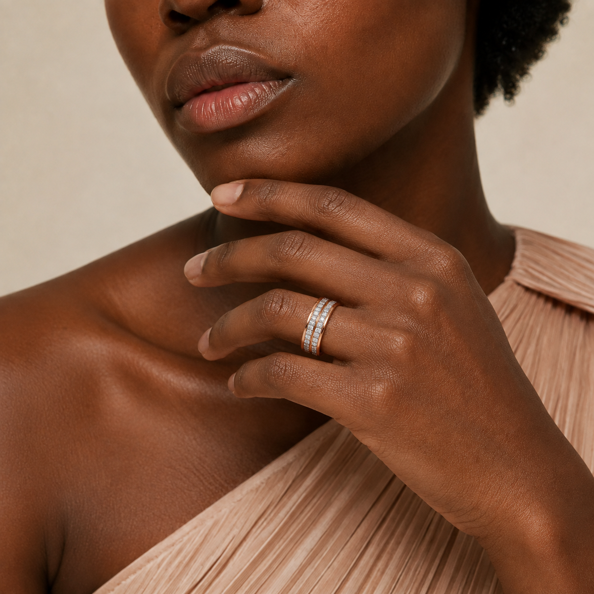 Eloise Two Row Channel Cut Lab-Grown Diamond Wedding Band in 14K Rose Gold, worn on hand
