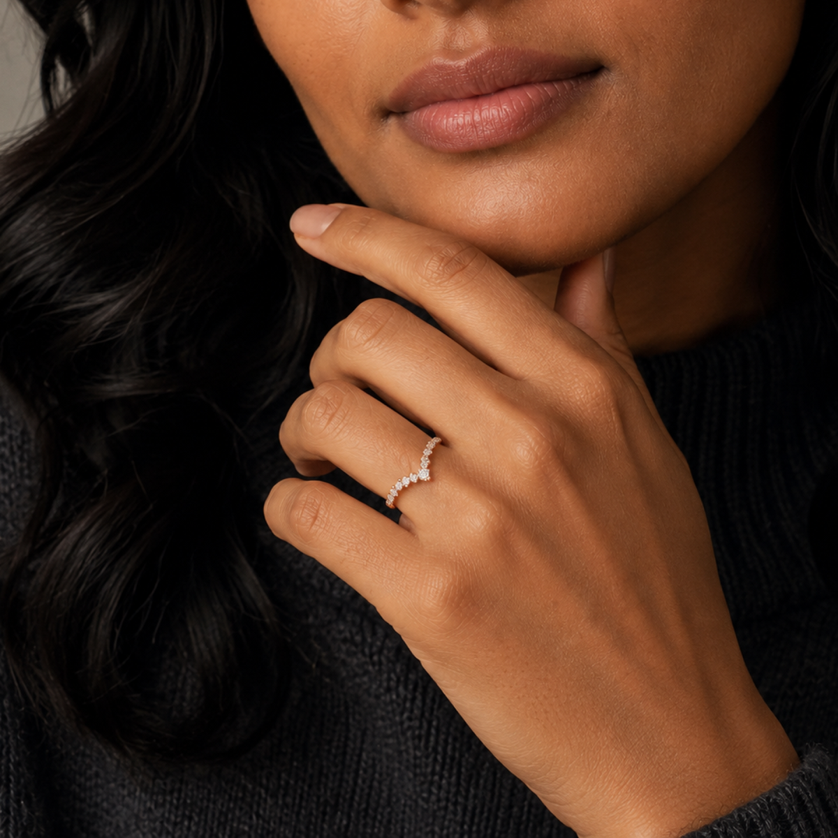Vivienne Tiara Lab-Grown Diamond Wedding Band in 14K Rose Gold, worn on hand