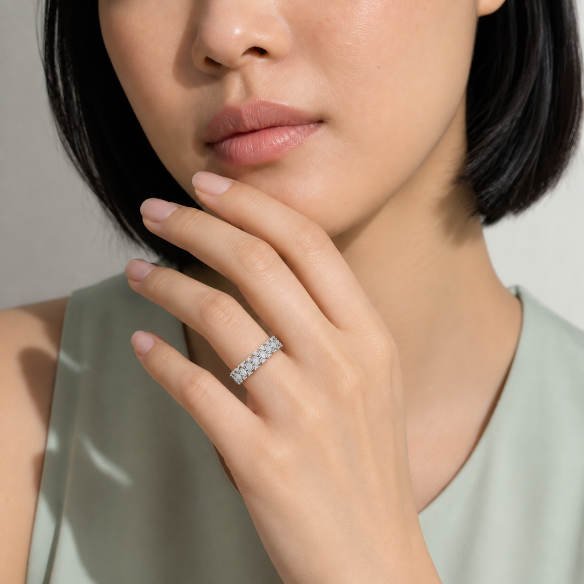Lucienne Three Row Wavy Prong Lab-Grown Diamond Band in 14K White Gold, worn on hand
